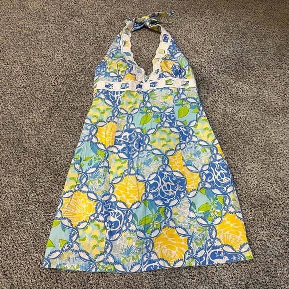 LILLY PULITZER 4 S Blue Yellow Floral Halter Macrame Detail Dress R $198 - Picture 2 of 11